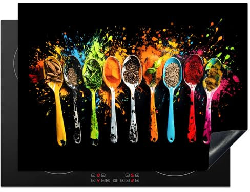 KitchenYeah© Herdabdeckplatte 70x52 cm Einteilig Herdabdeckung Abdeckplatte für Ceranfeld Abdeckung Induktionskochfeld Aufrollbare Matte Löffel - Gewürze - Modern - Graffiti - Farbenfroh