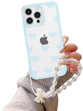 EYZUTAK Case for iPhone 15 Pro Max, Clear Cute Ribbon Bowknot Aesthetic Phone Case with Charm Bracelet Chain Raised Camera Protection Stylish Soft Durable TPU Protective Cover for Women Girls - Blue