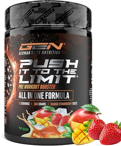 Push it to the Limit - Preentrenamiento con L-arginina + citrulina + L-tirosina + L-teanina + L-carnitina + AAKG + taurina + rhodiola rosea + cafeína - Alta dosis - 360 g - Sabor mango y fresa
