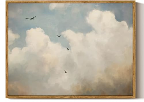 ARPEOTCY Gerahmte Vintage-Wandkunst auf Leinwand, Wolke und Vogel, Vintage-Wandkunst für Wohnzimmer, Schlafzimmer, Büro, Retro-Bauernhaus-Landschaft, Küche, Badezimmer, Wandkunstdrucke (30,5 x 40,6