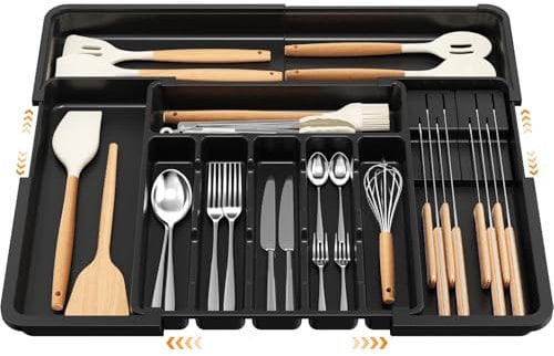 Euqvunn Range Couverts pour Tiroir, Plateau d'Ustensiles Extensible pour Tiroir avec 9 Compartiments, 2 Blocs Amovibles pour Couteaux, Rangement en Compact Plastique pour Couverts pour Cuisine(Noir)