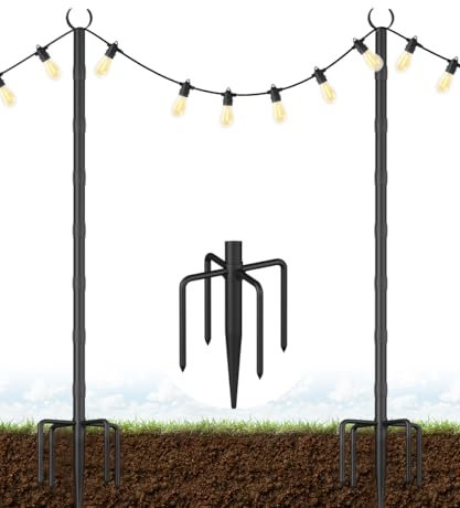 Tigerden 10Ft String Light Poles for Grass & Soil, Outdoor Light Stand with 5-Prong Fork Base, Heavy-Duty Metal Poles for Backyard, Garden & Patio Party Lighting, Rustproof & Adjustable, 2 Pack