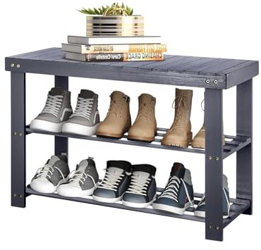 CROWNSHOP Shoe Bench Shoe Rack 3 Tier Shoe Storage Organiser Shelf Bamboo Stand Shoe Shelving Entryway strorage unit with Seat for Hall Bathroom Bedroom Living Room Hallway Gray