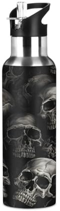 Woltant Bouteille d'eau isotherme en acier inoxydable avec paille - Motif têtes de mort noires - 600 ml - Pour le travail, les voyages, la salle de sport