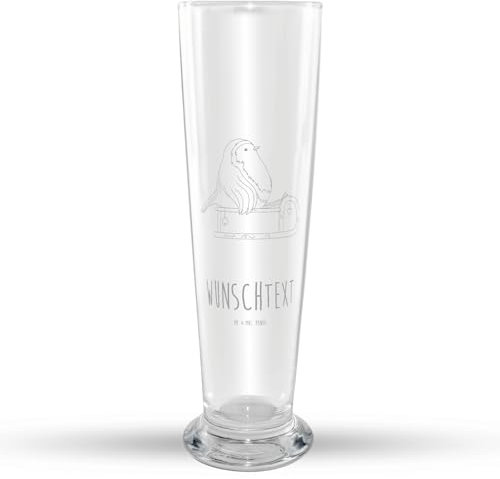 Mr. & Mrs. Panda Weizen Bierglas Rotkehlchen Schlitten - Personalisierte Geschenke, Weizenglas, Wunschtext, Vogel, Weihnachten, Selbst Gestalten, Weizenbierglas, Personalisierbar