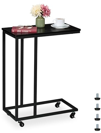 Relaxdays Beistelltisch C-Form, HBT 79x60x30 cm, Rollen, Sesseltisch zum Unterschieben, Metall & MDF, Sofatisch, schwarz