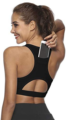 Damen Sport-BH, Tanktop mit integrierter Handytasche, gepolstert, kabellos, Laufen, Yoga, Workout, Activewear für Frauen, Schwarz , M