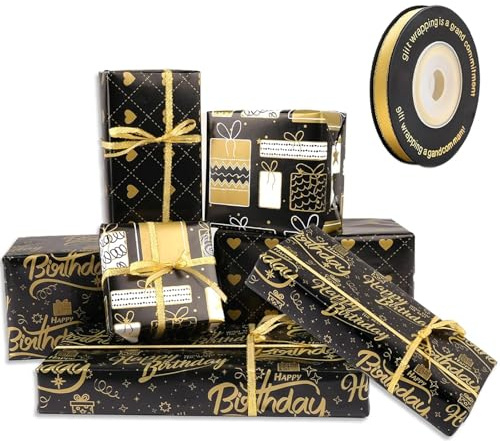 6 Blätter Geschenkpapier Schwarz Gold, Hochwertiges Verpackungspapier mit 1 Rolle Band, Ideal für Geburtstag, Hochzeit und Weihnachten, 70 x 50 cm