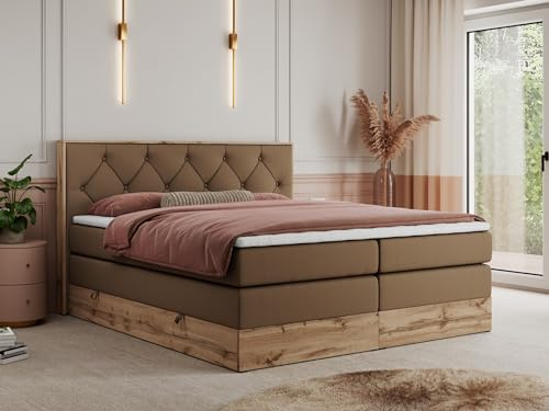 MKS MEBLE King Boxspringbett 180x200 mit Kopfteil und Bettkasten, Polsterbett mit Matratze H3 und Topper Visco, Wotan Eiche Dekor - Braun Kunstleder - Veneto King