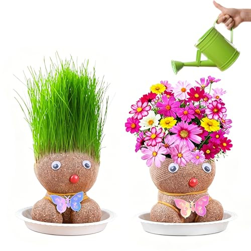 Ferizzia 2 Pièces Têtes d'herbe pour Poupée, Mini Bonsaï avec Plateau | Poupées à Tête d'Herbe et Plantes en Pot Fleuries, Artisanat pour Bureau Jardin Maison, Plante en Pot pour Enfants