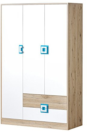Drehtürenschrank 120 Nicola NA03, Griffe Farbauswahl, 6 Einlegeplatten, 2 Schubladen, Kleiderstange, Elegantes Kleiderschrank für Jugendzimmer (Eiche Hell/Weiß + Türkis)