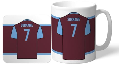 West Ham United Personalised 'Back of Shirt' 11oz Mug & Coaster Set Supporters, with Club Colours, Ideal Fans