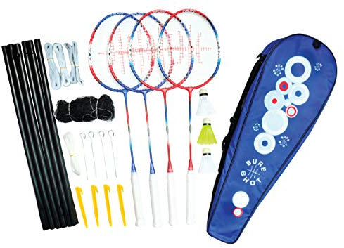 Sure Shot London 4 Player Set6 Badmintonschläger Set mit 4 x Erwachsenenschlägern und 3 Federbällen inkl. tragbarem Netz und Pfosten und Tragetasche, rot/weiß/blau, 26.35cm