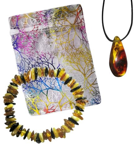 Methusalem Bernstein Anhänger 20-25 mm Baltischer Natur Bernstein (Ostsee) + ARMBAND + Täschchen Blume des Lebens & Lederband. 60070-2