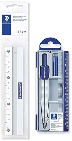 Staedtler 563 15 Lineal Metall, 15cm (Lineal + Zirkel)