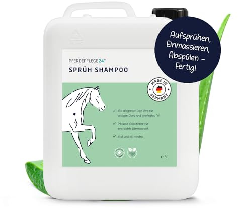 Pferdepflege24 Mildes Pferdeshampoo als Sprühshampoo - Basis Pferde Shampoo 0,5l, 1l, 2,5l, 5l & 10l Liter pH Neutral - Seidiger Glanz, leichte Kämmbarkeit & gesundes Haar