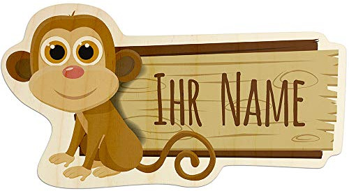 printplanet - Türschild aus Holz mit eigenem Text oder Namen - Namensschild, Holzschild, Kinderzimmer-Schild - Motiv Affe