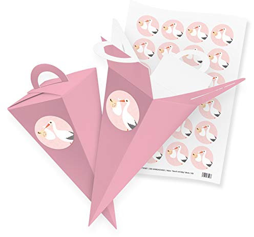 itenga 24x Geschenktüte Gastgeschenk Schultüte Rosa 21 cm mit Stickerbogen Aufkleber Storch Rosa Geburt Taufe