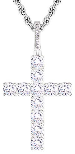 KRKC&CO Kreuz Kette Iced Out, Weißgold plattiert Kreuz Anhänger, 2,5mm 56cm Rope Kette mit Iced Out Kreuz Anhänger, Kreuz mit Zirkonia Silber Kreuzkette Hip Hop Anhänger Kette Geschenke für Herren