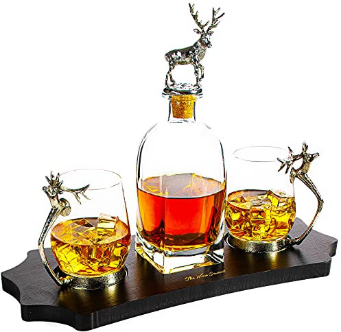 The Wine Savant Elegant Stag Antler Decanter Set - 750ml Pewter Whiskey Decanter with 2 Stag Glasses