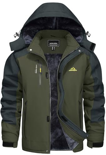 KEFITEVD Winterjacke Herren Skijacke Atmungsaktiv Wanderjacke Fleece mit Kapuze Outdoorjacke Wasserabweisende Jacke Winter Armeegrün L