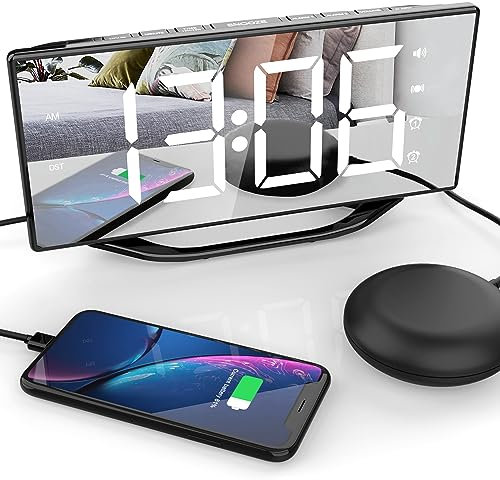 Mesqool Heavy Sleeper Alarm Clock with Bed Shaker – 8.7 Extra Large LED Mirror Display, Dual Alarms, USB Charging Port, Battery Backup for Bedroom/Living Room