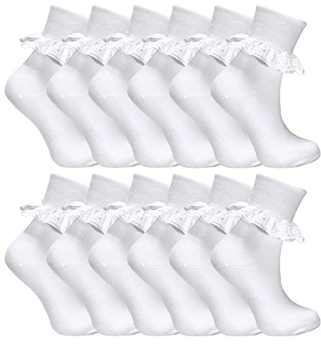Sock Snob 12 Pair Multipack White Frilly Lace Socks | 7 Sizes Girls Cute Cotton Rich School Socks (7-10 Years, White)