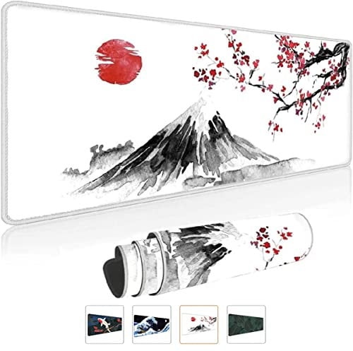 Tappetino per mouse da gaming, colore bianco, XXL, 800 x 300 mm, con pittura a inchiostro giapponese, montagna sakura, sole e montagna, Fuji Mousepad grande cuciture bordi impermeabili, antiscivolo