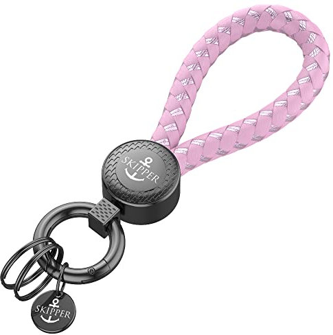 Skipper Schlüsselanhänger Schlüsselbund Schlüsselband Keychain mit Karabiner und zwei Ringen Leder Imitat geflochten Geschenk für Frau Mann Freund Auto Fahrrad Motorrad schwarz 8874 - Rosa