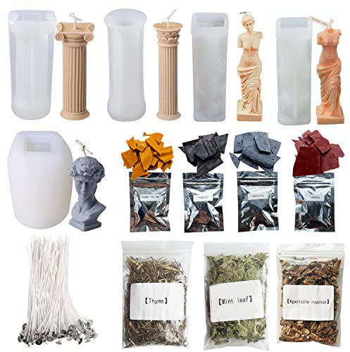 Yayatty Molde de Silicona para Velas, 5 Pz Moldes de Columna Romana Velas de Silicona, Mechas de Algodón para Velas, Tintes para Velas, Flores Secas Naturales para Hacer Velas Perfumadas