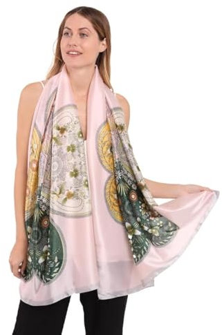 Trillion London® Seidenschal, langer Schal für Damen, leichte Damen-Schals, geeignet für den Alltag, Reisen und Verschenken, weiche Oberfläche, Größe: 180 x 90 cm, Rosa und Grau mit Blumenmuster