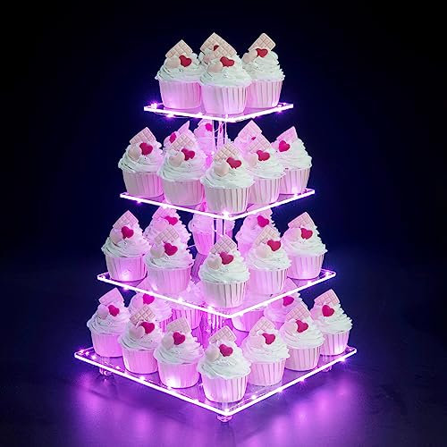 OLACHIKKO Cupcake Stand, 4-Tier Square Cupcake Holder with LED Light String, Acrylic Cupcake Tower Display-Dessert Tower-Pastry Stand-Cupcake Tier Stand for Wedding, Birthday Party ( Pink Light)…
