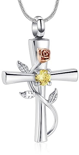 Minicremation Kreuz Urne Halskette für Asche Birthstone Rose Blume Kremation Schmuck für Frauen Gilrs Keepsake Memorial Asche Anhänger (Gold)