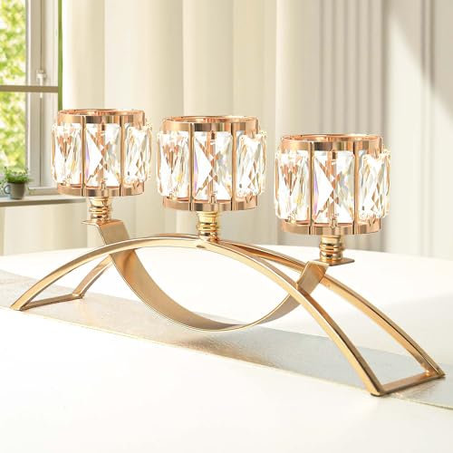 KEHAIL Kerzenhalter mit 3 Armen, Kristall-Kerzenhalter, Bogen-Kerzenhalter, Tischleuchter, Tafelaufsätze für Hochzeit, Esszimmer, Schrank-Ornamente, Heimdekoration, Geschenk (3-armig, gewölbt, gold)