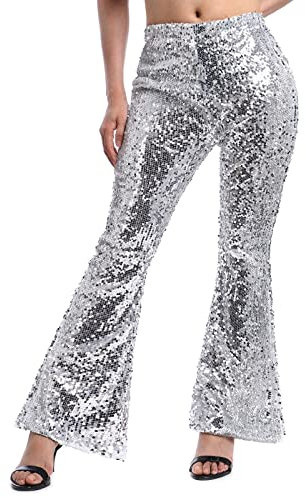 Damen Glitzer Pailletten Schlaghose High Waist Weites Bein Hose Legins Cargohose Hippie 70er 80er 90er Jahre Kost?m Mottoparty Disco Rave Tanz Outfit Clubwear Karneval Fasching Halloween Silber XL