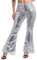 Damen Glitzer Pailletten Schlaghose High Waist Weites Bein Hose Legins Cargohose Hippie 70er 80er 90er Jahre Kost?m Mottoparty Disco Rave Tanz Outfit Clubwear Karneval Fasching Halloween Silber XL