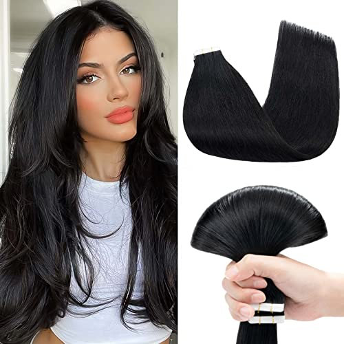 Benehair Tape in Extensions Echthaar, 50CM Tape in Haarverlängerungen, Invisible Echthaar Extension mit Tapes, Seidig Glatte Echthaars Extension, 10Pcs 25g Tiefschwarz #1
