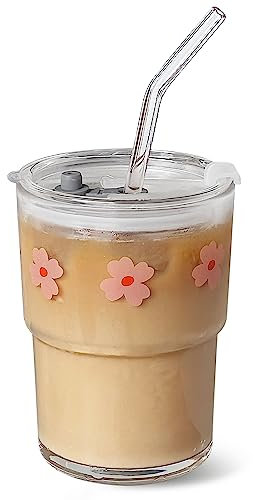 Olvini Glasbecher mit Glasstrohhalm und Deckel, wiederverwendbar, Wasserbecher, Kaffeebecher, Glas-Kaffeetassen, Trinkglasbecher (rosa Blume)