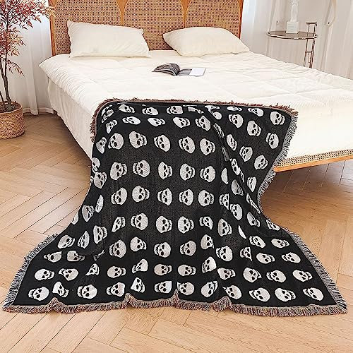 Menkala Kuscheldecke Schädel Schwarz Weiß Decke Sofadecke mit Fransen Tagesdecke 130x160 Strickdecke Wohndecke Couchdecke Deko für Sofa Büro Betten Reisen Wohnzimmer Schlafzimmer