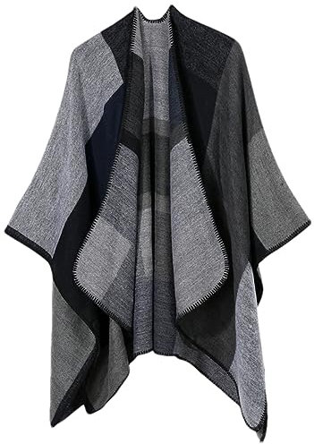 Disimlarl Warmer Strickschal für Damen, dicker Oversize-Wollschal, Wickeltuch, gewebter Cardigan-Poncho, Stola, Schwarz Grau 9, One size