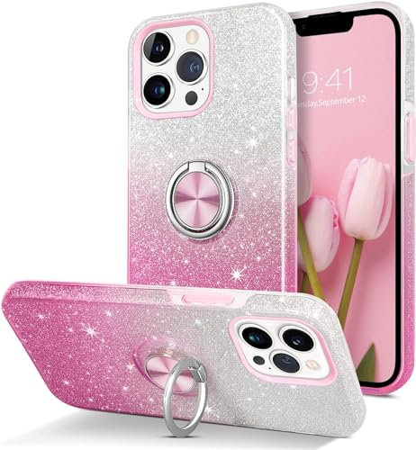 MOBISTAR® Bling Glitter Case for iPhone 13 Pro Max - 6.7'' - Sparkly Slim with 360° Ring Holder Kickstand Support Magnetic Car Mount Protective Cover (Pink)