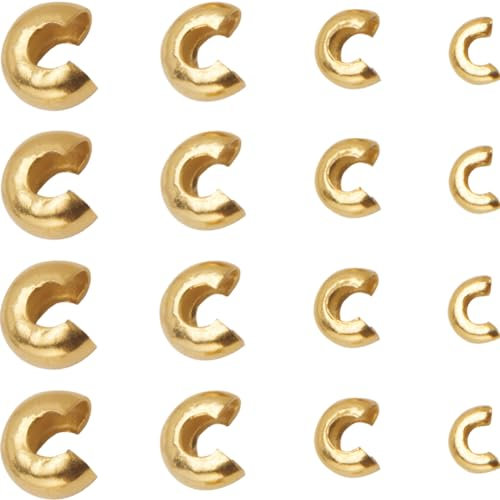 SUNNYCLUE 1 boîte de 80 cache-Perles à Sertir en Acier Inoxydable de 3 mm, 4 mm, 5 mm, 6 mm, Perles à Sertir Dorées, Couvre-Nœuds, Petit Côté Ouvert, Embouts Demi-Ronds, Perles D'Espacement en Métal p