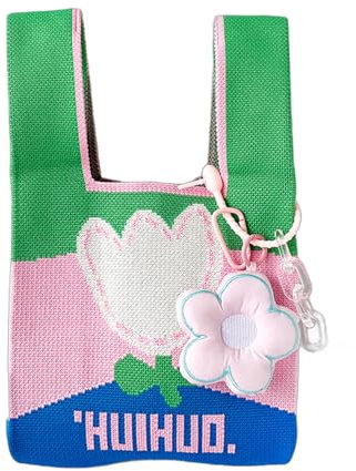 MIUPOO Damen Strick Einkaufstasche,Handgefertigte Strick Handtasche für Frauen,Mini Knoten Handgelenktasche,Tragbare Geldbörse,Gewebte Umhängetasche,Rosa