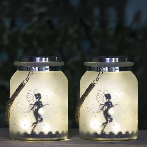 Garden Mile Solar Powered Hanging Fairy Lantern Frosted Glass Fairy Light Lamp Outdoor Indoor Mason Jar Lighting 20 LEDs Firefly Lights Garden Solar Lantern Jar (2)