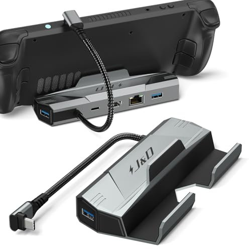J&D 6-in-1 Docking Station für Steam Deck/ROG Ally | HDMI 2.0 4K@60Hz, Gigabit Ethernet 1000M, 3 USB-A 3.0, 100W USB-C Ladeanschluss | Steam Deck/ROG Ally Dockingstation, Grau