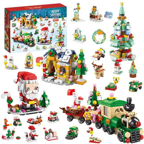 Adventskalender 2024 Kinder, Klemmbausteine Weihnachten 24 Tage Weihnachts Countdown 6 in 1 Klemmbausteine Weihnachten Adventskalender Spielzeug für Kinder Jungen Mädchen (Zug und Weihnachtsmann)