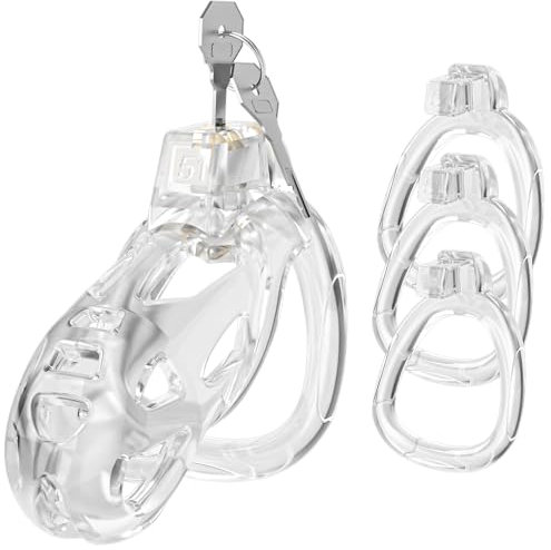 Yivans Harz Keuschheitskäfig Sexspielzeug Männer Keuschheitsgürtel Cock Cage mit 3 Penisringe, SM Fetisch Extrem Penis Bondage Cage Hohldesign Atmungsaktiv Penis Käfig(Transparent - M)
