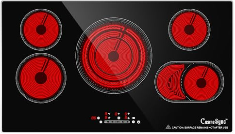 Cusinesync Cocina eléctrica de 5 quemadores de 36 pulgadas, 9200 W integrada con 9 ajustes de calor, quemador expandible, controles táctiles, temporizador, bloqueo infantil y alerta de calor residual,