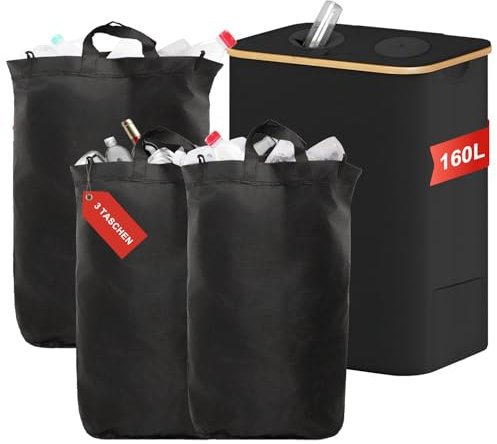 BIMVER Pfandflaschen Sammelbehälter, 160L Groß Pfandbehälter, inkl. 2 XL & 1 XXL Innentasche, Leergut Sammelbehälter, Pfandflaschen Aufbewahrung mit Loch, Faltbar Bambus Pfandflaschen Behälter-Schwarz