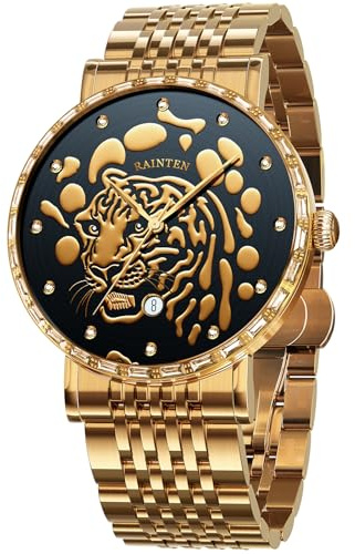 RAINTEN R9002-1 Herren-Uhren mit 12 Diamanten, Luxus-Uhren für Herren, Edelstahl, mechanische Herren-Automatikuhr, Business, Mode, Herrenuhr, klassisch, lässig, Herren-Armbanduhren, Gold
